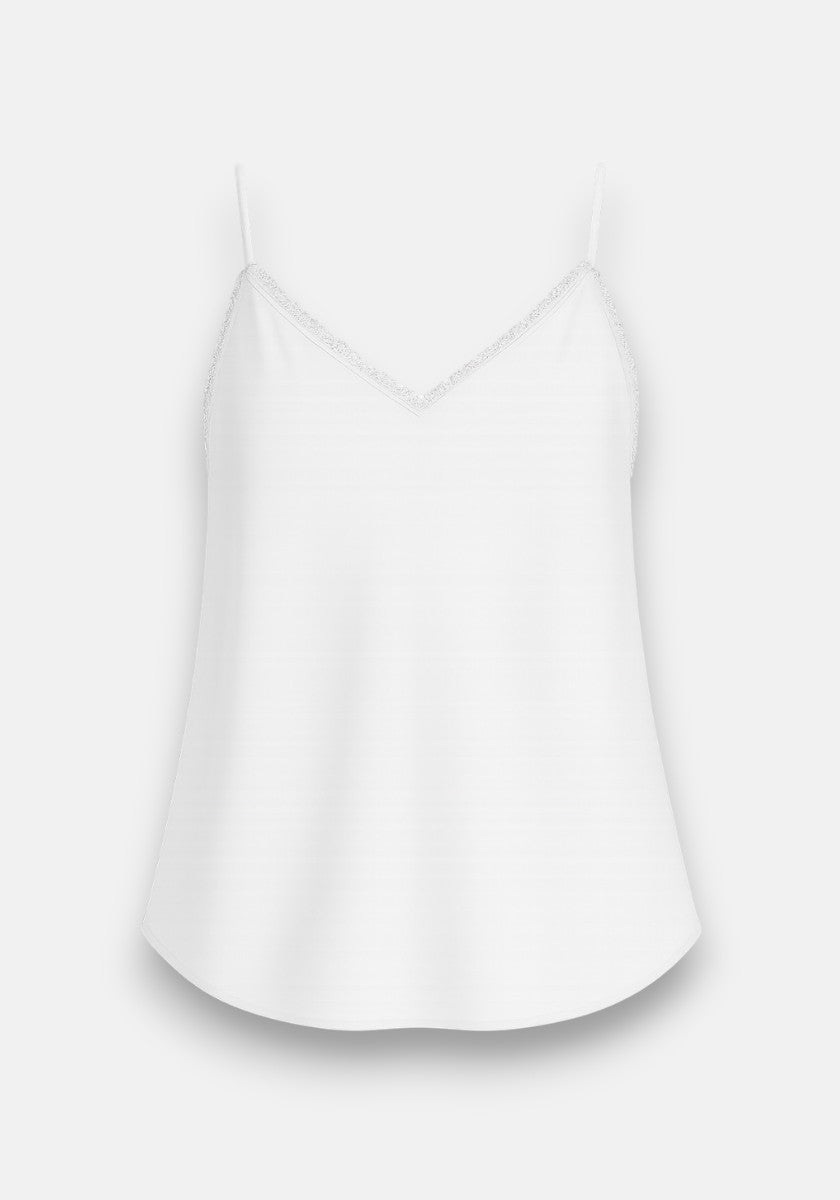 A simple white Bella Dahl Trägertop with thin spaghetti straps and a V-shaped neckline, shown on a plain light gray background. The Lyocell fabric looks smooth, slightly flowing, with a subtle sheen and gentle curves at the hem.