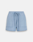 Bella Dahl light blue denim shorts with an elastic waistband, front drawstring, and two large pockets. Features visible seam stitching and a relaxed fit, shown against a plain white background.