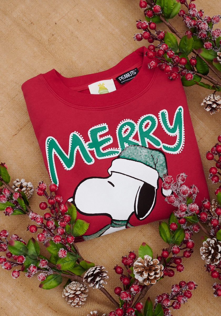 Ein gefalteter Princess Goes Hollywood Snoopy Sweater mit Snoopy in einem grünen, festlichen Hut und fetten "MERRY"-Schriftzügen ruht zwischen gefrosteten Tannenzapfen, roten Beeren und Zweigen - und versprüht gemütlichen Urlaubs-Charme.