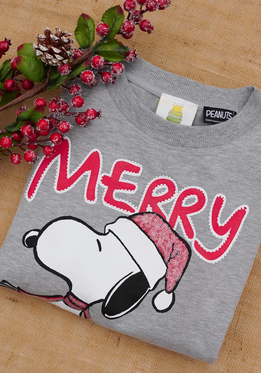Ein gefalteter grauer Princess Goes Hollywood Snoopy-Pullover zeigt Snoopy mit einer roten Weihnachtsmannmütze, auf der in fetten roten Buchstaben "MERRY" steht, auf Sackleinen neben festlichen künstlichen roten Beeren und gefrosteten grünen Blättern.