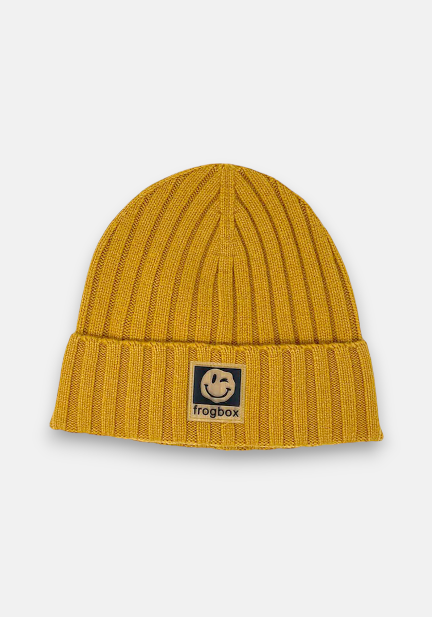 A mustard yellow ribbed knit beanie from Princess Goes Hollywood with a folded brim, square black patch featuring the frogbox logo and text, accented by a colorful knit detail, displayed on a plain white background.