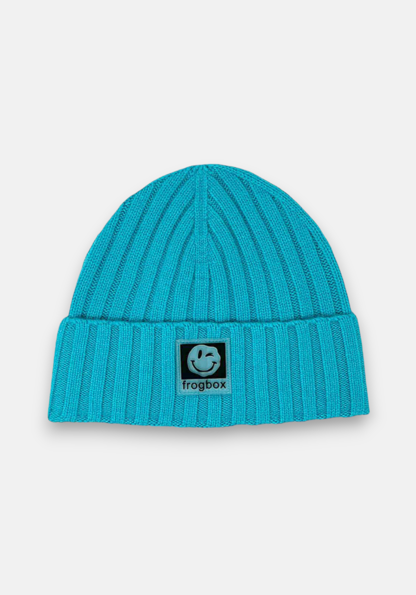A bright turquoise beanie by Princess Goes Hollywood with colorful knit detail, ribbed design, folded brim, and a black patch on the front featuring a smiling frog face and “frogbox” below it. The beanie is centered on white.