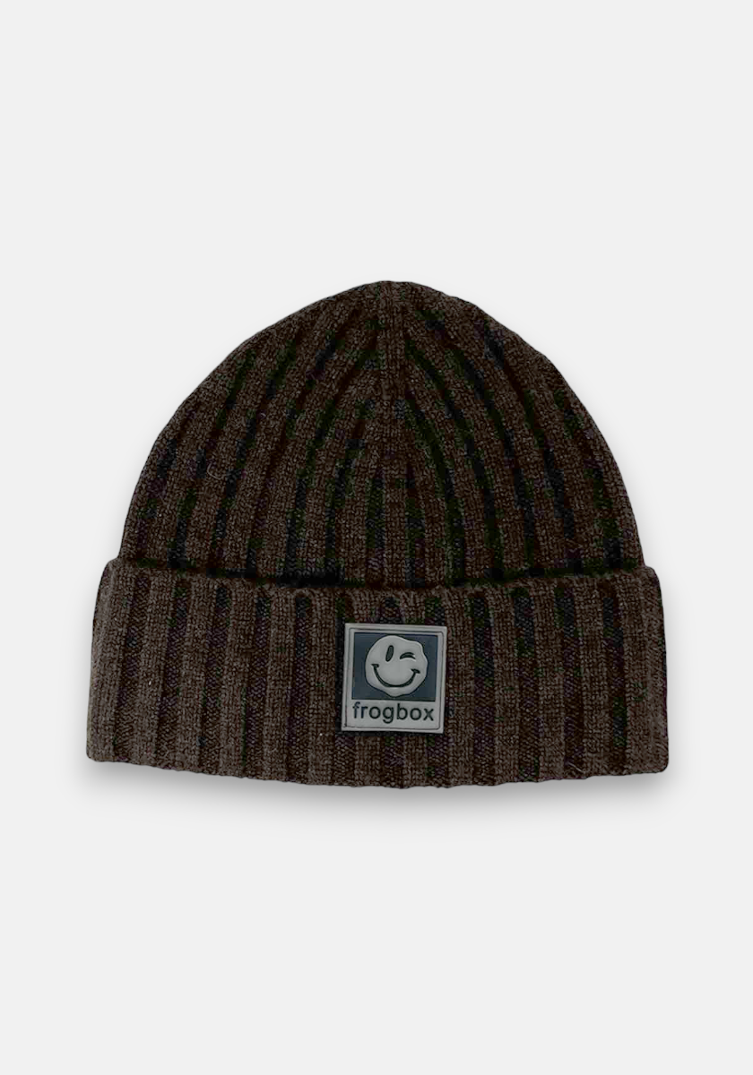 A brown, ribbed knit beanie by Princess Goes Hollywood with a folded brim. A square patch on the front displays a smiling frog logo and the word “frogbox.” The background is plain white.