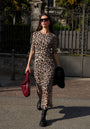 Langes Mesh-Kurzarmkleid Leopard