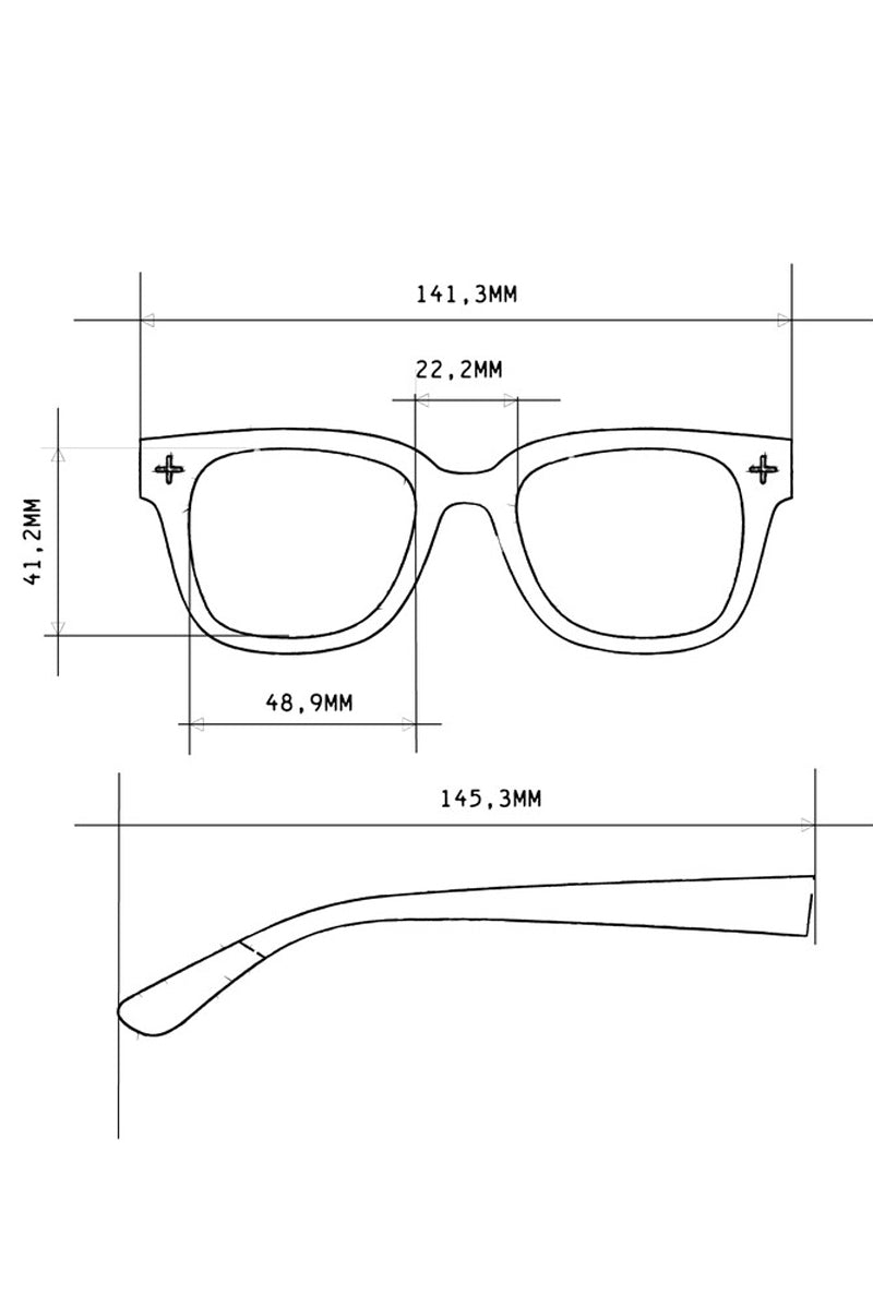 Strichzeichnung der Okkia Sonnenbrille im quadratischen Rahmendesign; Rahmenbreite 141,3 mm, Glasbreite 48,9 mm, Steg 22,2 mm, Rahmenhöhe 41,2 mm, Bügellänge 145,3 mm. Inklusive UV-400-Schutz; Draufsicht und Seitenansicht abgebildet.