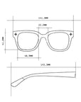 Strichzeichnung der Okkia Sonnenbrille im quadratischen Rahmendesign; Rahmenbreite 141,3 mm, Glasbreite 48,9 mm, Steg 22,2 mm, Rahmenhöhe 41,2 mm, Bügellänge 145,3 mm. Inklusive UV-400-Schutz; Draufsicht und Seitenansicht abgebildet.