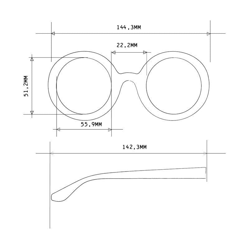 Technische Zeichnung der Okkia Damen Sonnenbrille mit runden Gläsern. Ansicht von oben: Glasdurchmesser 55,9 mm, Abstand 22,2 mm, Rahmenbreite 144,3 mm, Höhe 51,2 mm; Seitenansicht: Bügellänge 142,3 mm. UV 400-Schutz, alle Angaben in Millimetern.