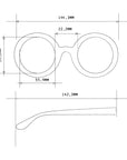 Technische Zeichnung der Okkia Damen Sonnenbrille mit runden Gläsern. Ansicht von oben: Glasdurchmesser 55,9 mm, Abstand 22,2 mm, Rahmenbreite 144,3 mm, Höhe 51,2 mm; Seitenansicht: Bügellänge 142,3 mm. UV 400-Schutz, alle Angaben in Millimetern.