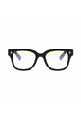 A pair of Okkia black, thick-rimmed rectangular Bildschirmbrille with clear lenses and small white plus signs on each corner. Black temples fade to blue at the tips, blending style and comfort. Photographed against a white background.