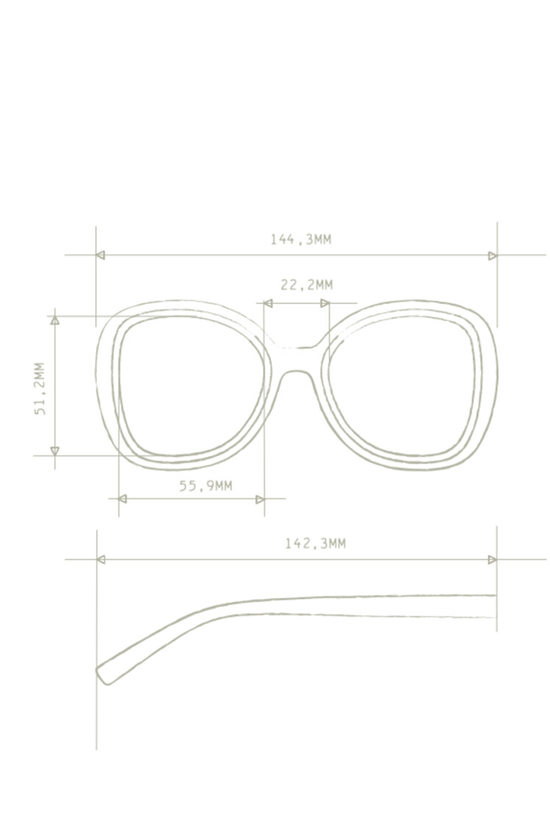 Eine technische Zeichnung der Okkia Butterfly-Design-Brille mit einer Glasbreite von 55,9 mm, einem Steg von 22,2 mm, einer Glashöhe von 51,2 mm, einer Rahmenfrontbreite von 144,3 mm und einer Bügellänge von 142,3 mm; Vorder- und Seitenansicht auf weißem Hintergrund.