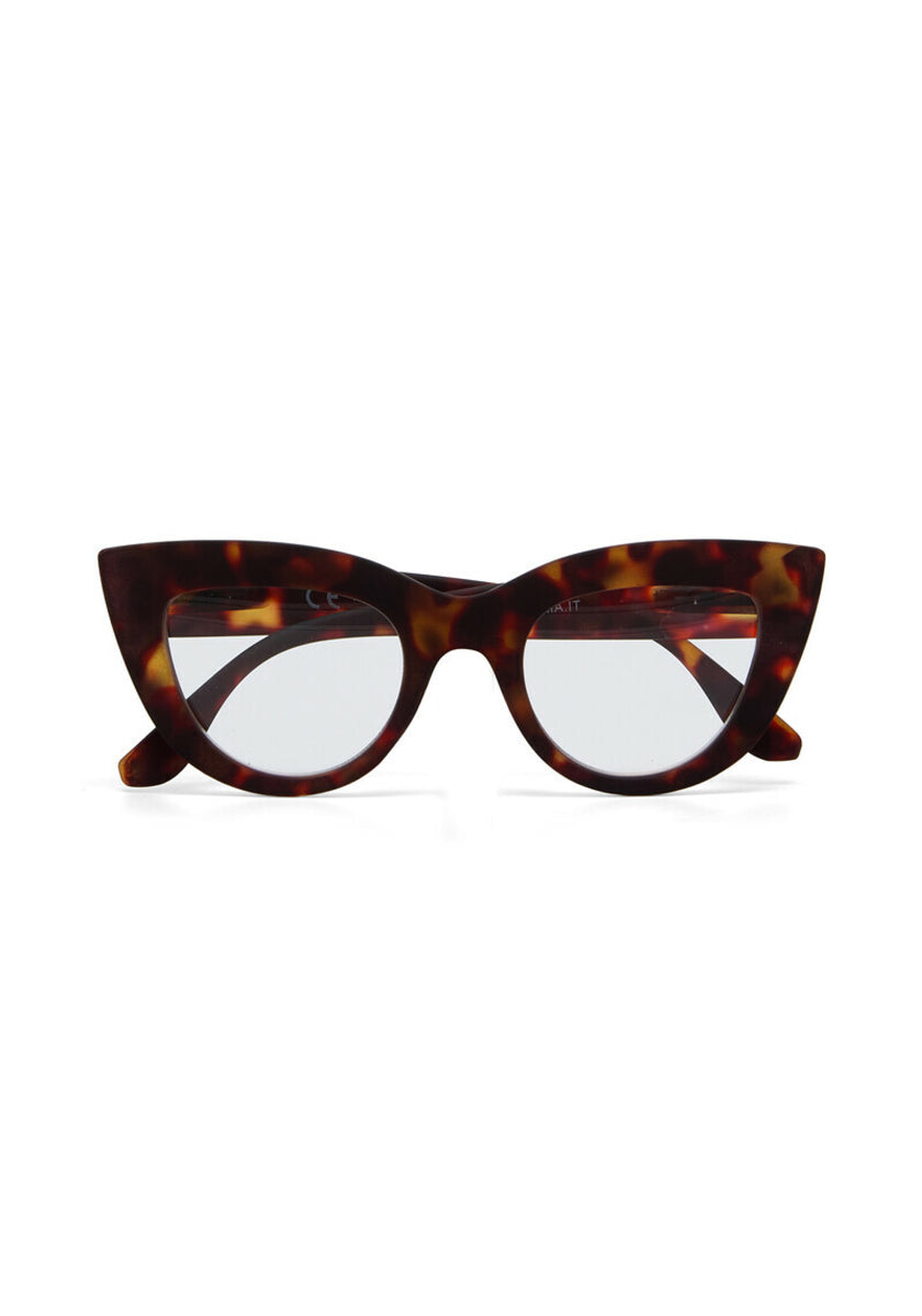 Okkia cat-eye sunglasses featuring a bold design, thick frames in brown and amber Schildpattmuster, clear lenses, and slightly curved matching arms—shown against a plain white background.