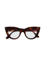 Okkia cat-eye sunglasses featuring a bold design, thick frames in brown and amber Schildpattmuster, clear lenses, and slightly curved matching arms—shown against a plain white background.
