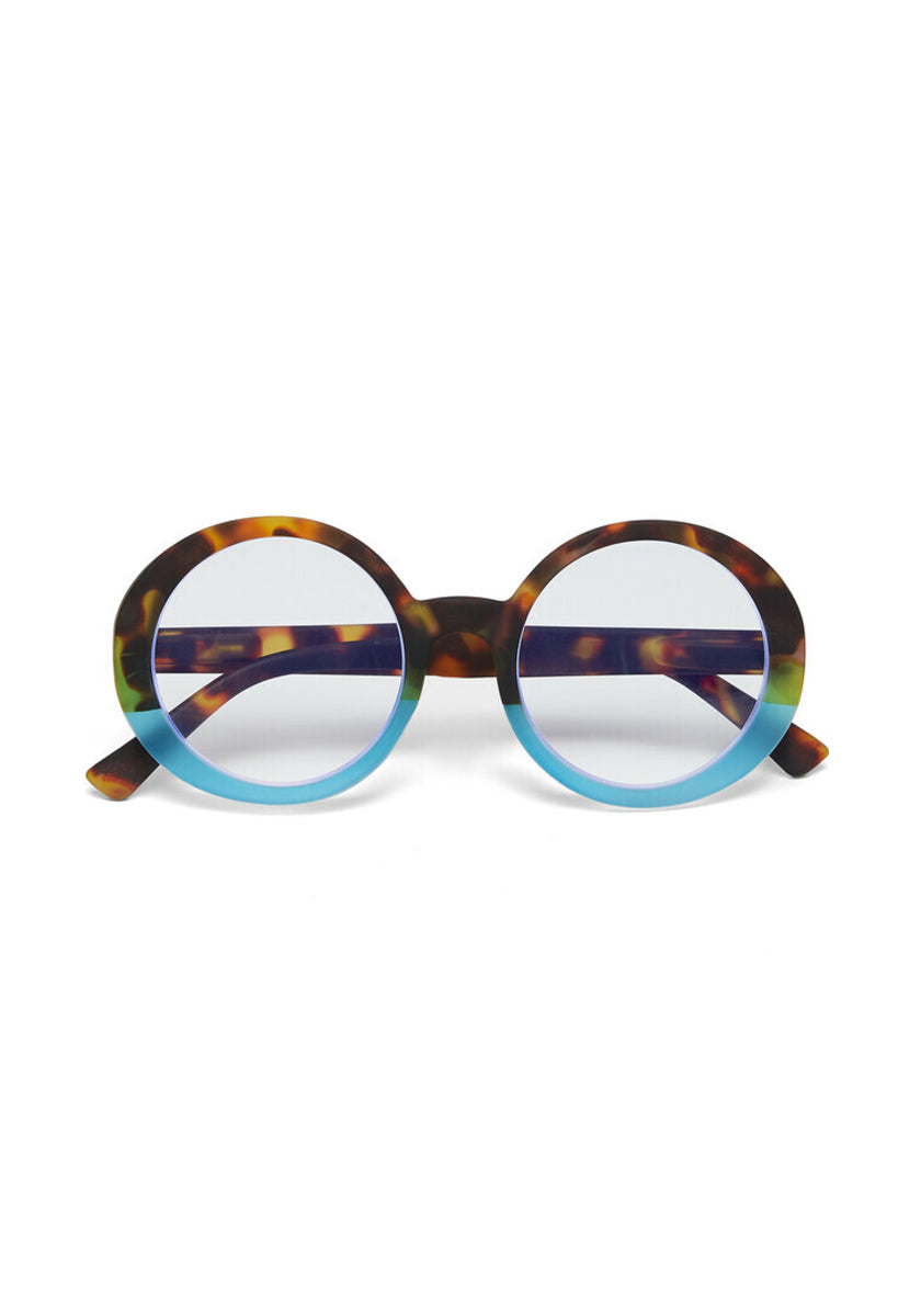 Okkia round eyeglasses feature an oversize design with thick frames—tortoiseshell pattern on the top half, solid light blue on the bottom, and clear lenses. Shown against a plain white background.