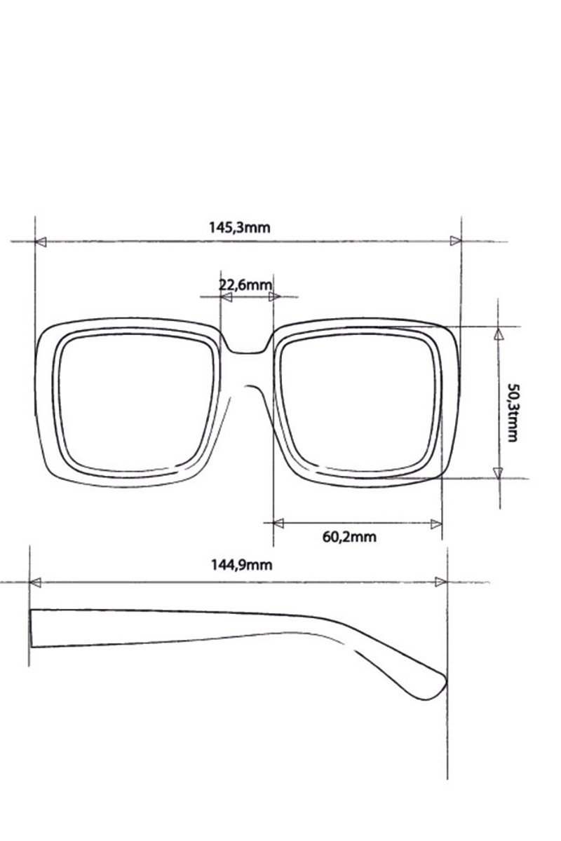 Technische Zeichnung der rechteckigen Brillenfassung Okkia in Übergröße mit einer Glasbreite von 60,2 mm, einem Steg von 22,6 mm, einer Rahmenbreite von 145,3 mm, einer Glashöhe von 50,3 mm und einer Bügellänge von 144,9 mm; die Linien zeigen die gemessenen Abstände.