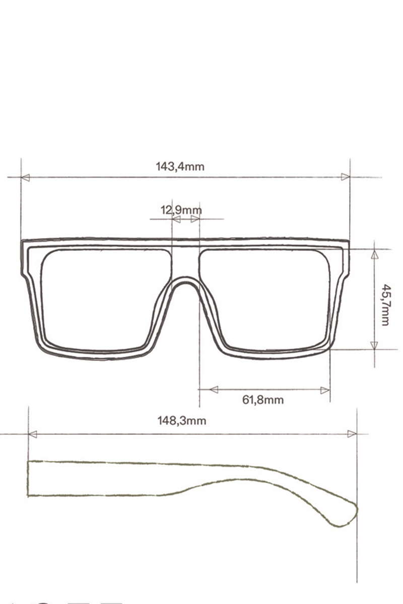 Technische Zeichnung von Okkia rechteckige Sonnenbrille mit UV 400 Schutz: Frontansicht - Breite 143,4mm, Glashöhe 45,7mm, Stegbreite 12,9mm, Glasbreite 61,8mm. Seitenansicht - Bügellänge 148,3mm mit leichter Krümmung am Ende.