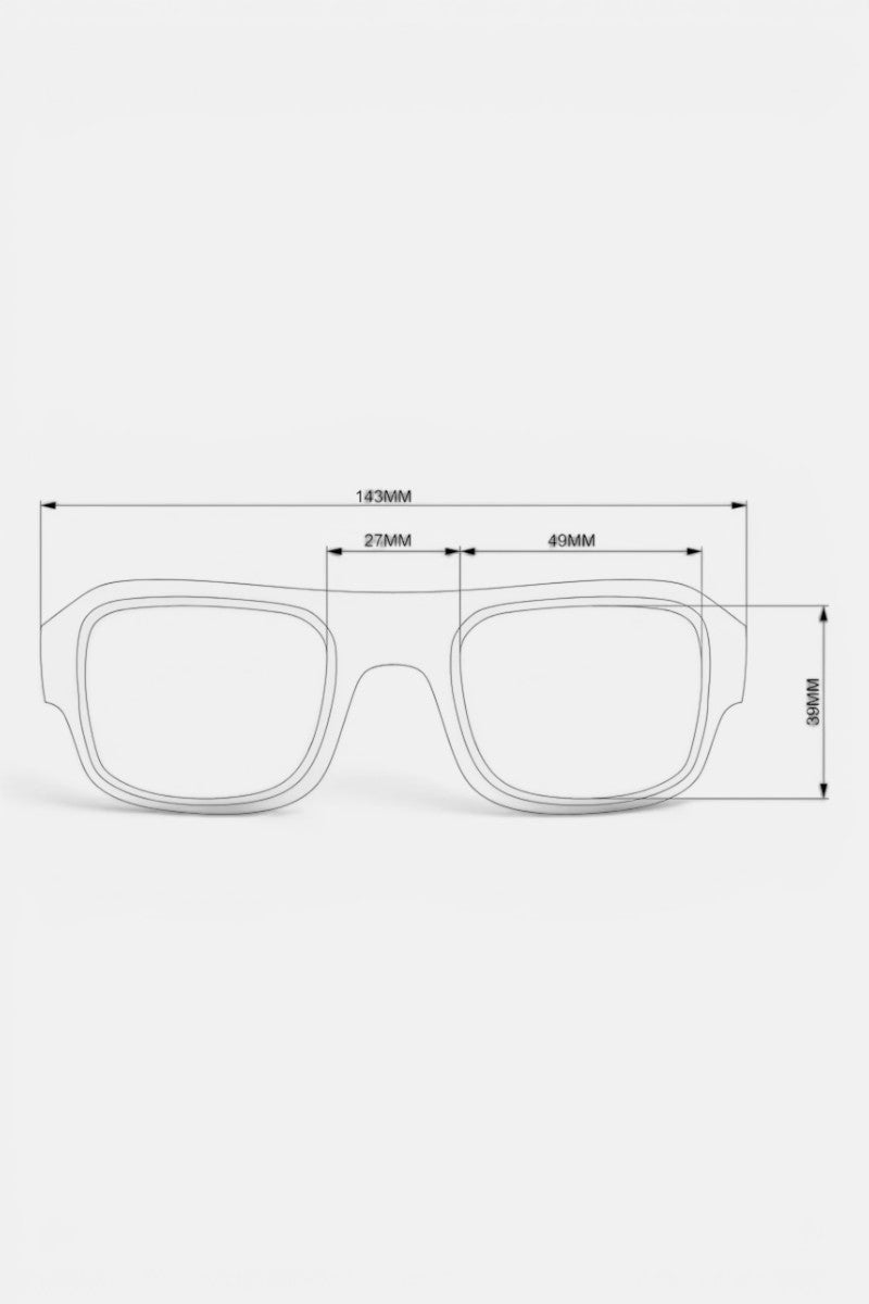 Strichzeichnung eines rechteckigen Brillengestells aus der Okkia CLUB-Kollektion mit geometrischem Design und folgenden Maßen: Gesamtbreite 143 mm, Glasenbreite 49 mm, Stegbreite 27 mm und Höhe 50 mm. Die Zeichnung ist schlicht gehalten, mit klaren schwarzen Linien auf weißem Hintergrund und beschrifteten Maßen – eine präzise Darstellung der STROMBOLI-Brille.