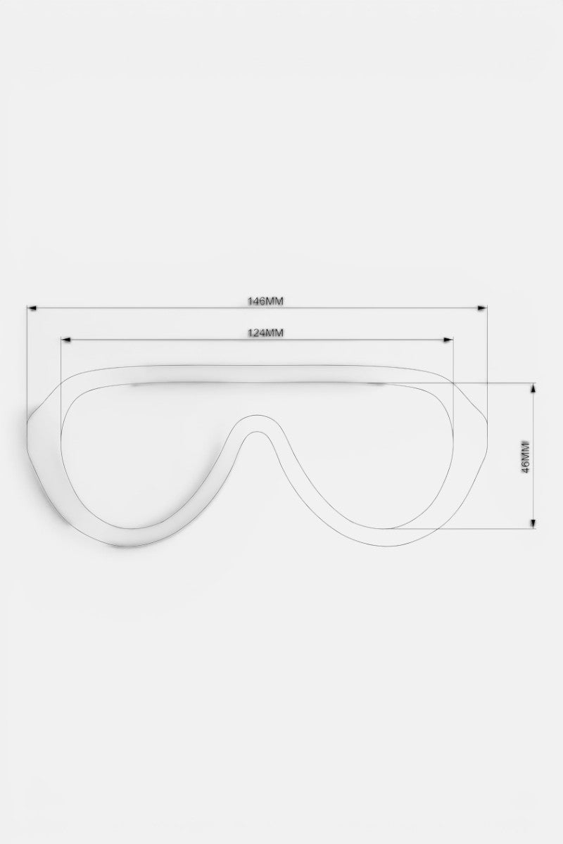 Strichzeichnung einer Okkia-Brille mit drei angegebenen Maßen: Die Breite oben beträgt 148 mm, die Breite im Gläsbereich 124 mm und die Höhe von oben nach unten 60 mm. Dank der minimalistischen schwarzen Linien auf weißem Hintergrund eignet sich diese Okkia-Illustration perfekt zur Präsentation von Modellen mit polarisierten Gläsern.