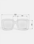 Umriss einer rechteckigen Brille mit Maßen: Rahmenbreite 148 mm, Glasenbreite 50 mm, Stegbreite 25 mm und Höhe 49 mm. Zur Verdeutlichung sind Maßlinien und Zahlen eingezeichnet. Das Bild ist vor einem weißen Hintergrund dargestellt, um die genauen Abmessungen der stilvollen Okkia ISCHIA Oversize-Brille deutlich zu veranschaulichen.