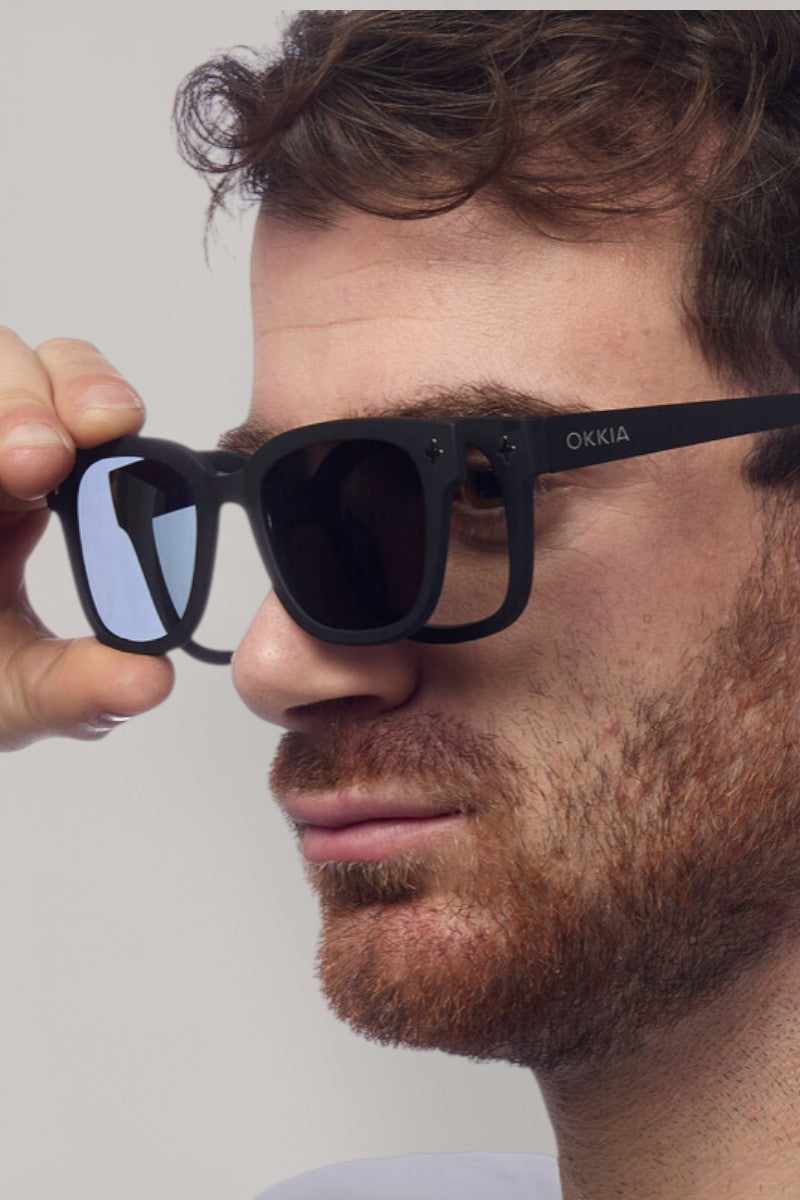 Ein Mann mit kurzen braunen Haaren und einem rötlichen Bart hebt mit der linken Hand eine schwarze Okkia-Sonnenbrille und blickt mit geschlossenen Lippen vor einem schlichten hellen Hintergrund zur Seite. Die Nahaufnahme hebt sein Gesicht und die Okkia-Brille hervor.