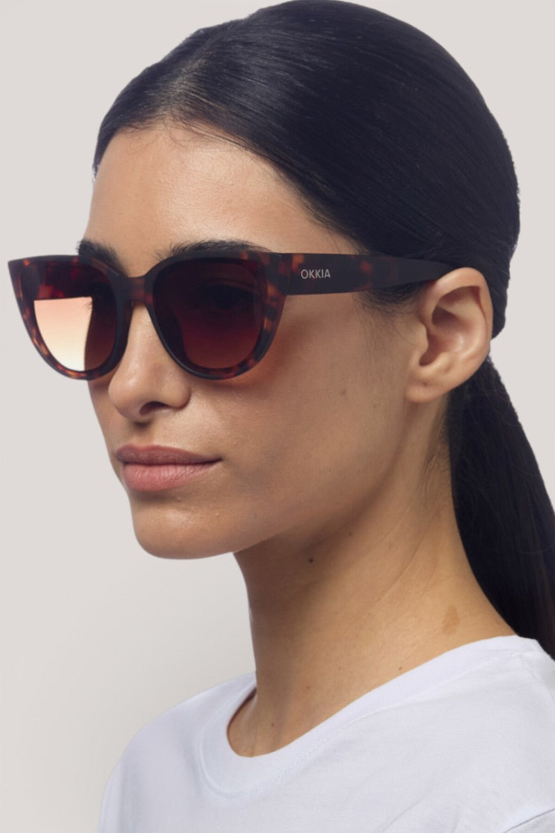 Eine Frau mit glattem, nach hinten gebundenem dunklem Haar trägt eine große braune OKKIA-Sonnenbrille aus Schildpatt mit UV-Schutz und ein weißes Hemd. Sie blickt mit neutralem Gesichtsausdruck nach links, "OKKIA" ist in weißer Schrift auf dem Arm vor einem hellgrauen Hintergrund aufgedruckt.