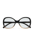 A pair of oversized, oval-shaped Okkia Lesebrille eyeglasses with thick black frames fading to light brown, soft-touch finish, clear lenses, and slightly curving black arms, shown on a plain white background.