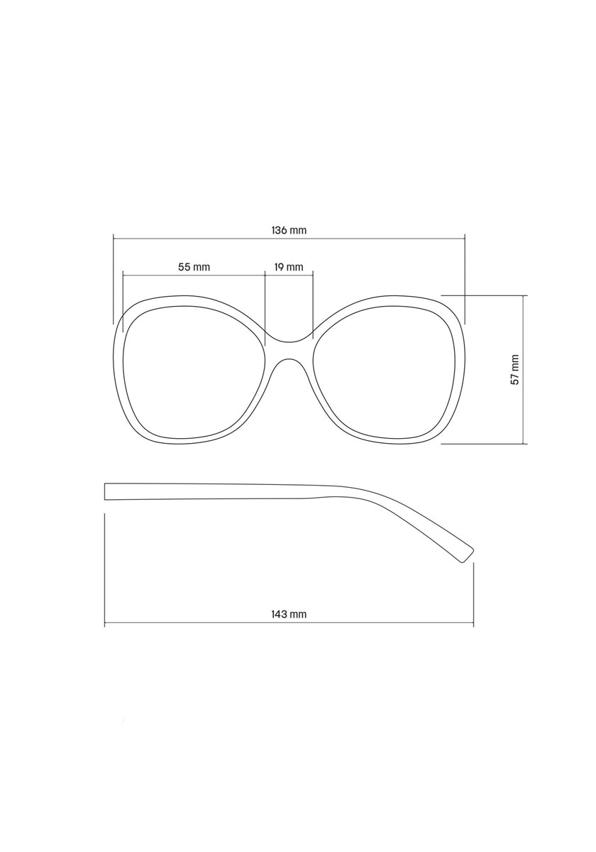 Line drawing of large, oval Okkia Lesebrille sunglasses with Soft-Touch-Oberfläche: front width 136mm, lens 55mm, bridge 19mm, lens height 57mm, temple length 143mm. Black and white image shows measured lines and labels.