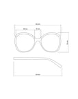 Line drawing of large, oval Okkia Lesebrille sunglasses with Soft-Touch-Oberfläche: front width 136mm, lens 55mm, bridge 19mm, lens height 57mm, temple length 143mm. Black and white image shows measured lines and labels.