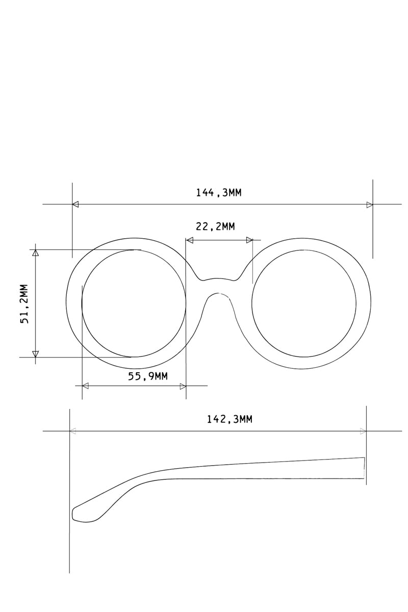 Schwarz-weiße technische Zeichnung der Okkia runde Sonnenbrille, Vorder- und Seitenansicht. Übergroße Gläser: 144,3 mm breit, 51,2 mm hoch; Glasbreite 55,9 mm, Steg 22,2 mm, Bügel 142,3 mm - mit UV400 Schutz.