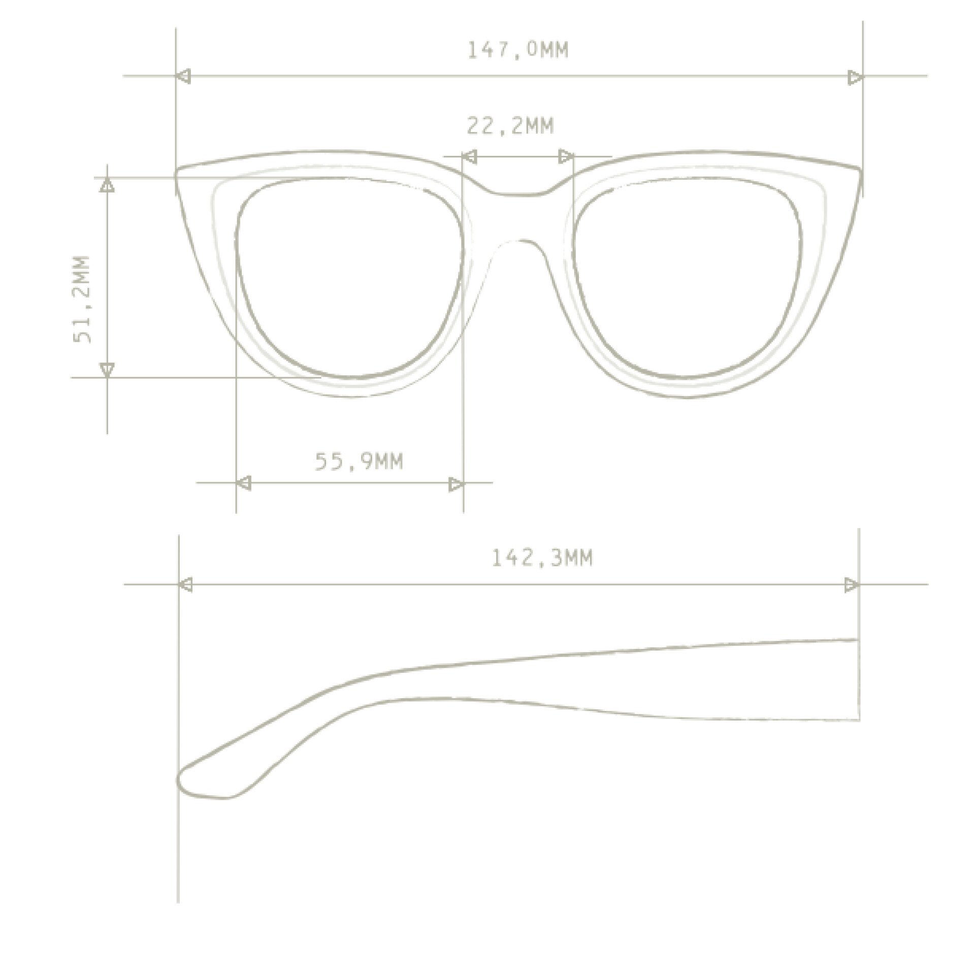 Strichzeichnung der Okkia Cat-Eye-Sonnenbrille mit UV-400-Schutz; Abmessungen: Breite 147,0 mm, Linse 55,9 mm x 51,2 mm, Brücke 22,2 mm, Armlänge 142,3 mm - alle Maße sind zur besseren Übersichtlichkeit mit Pfeilen markiert.