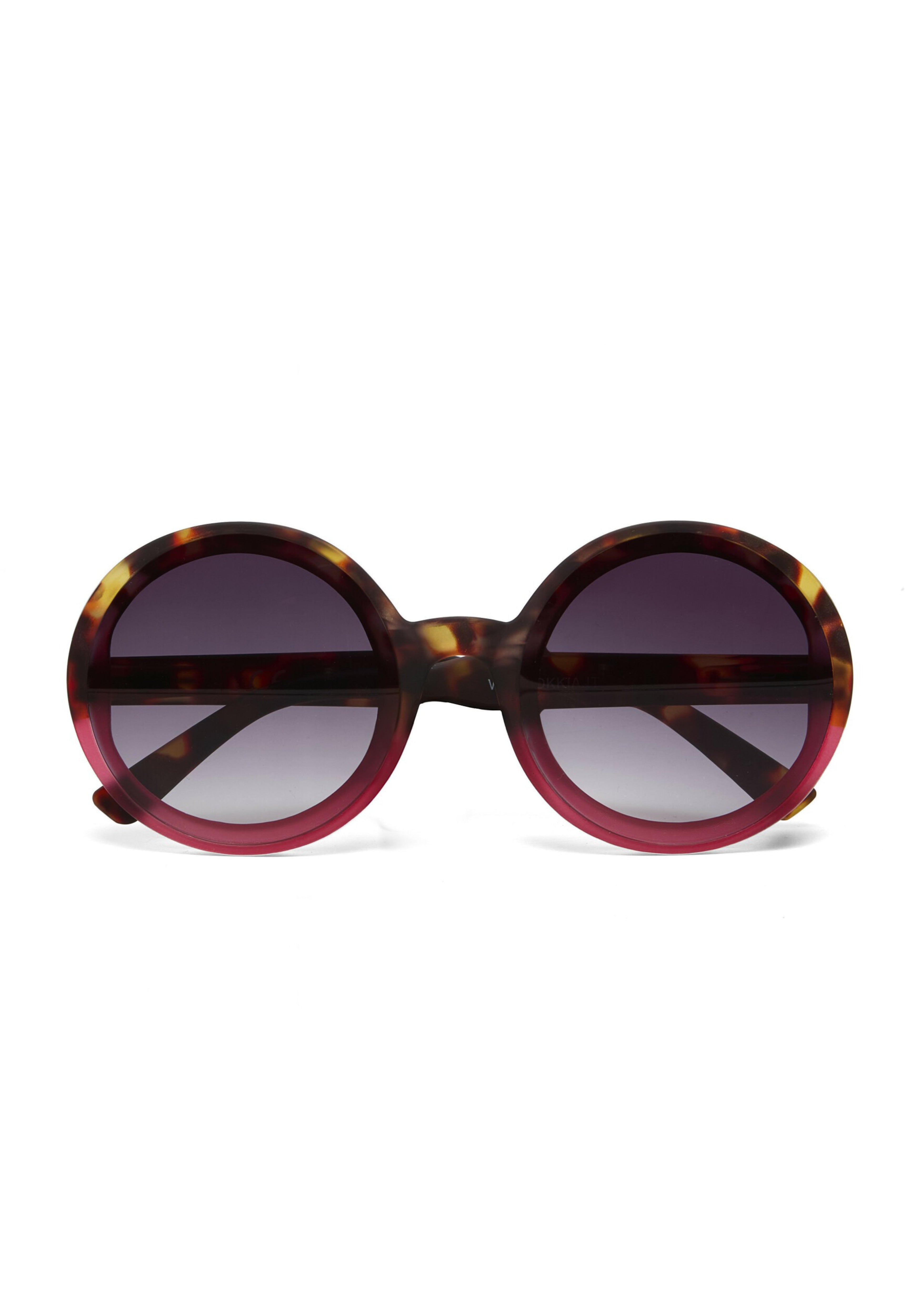 Okkia round sunglasses with oversized frames feature a tortoiseshell pattern on the top and outer edges, blending into translucent red at the bottom. The dark gradient lenses fade from black to light gray.